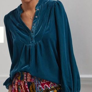 Anthropologie blue teal velvet blouse size medium